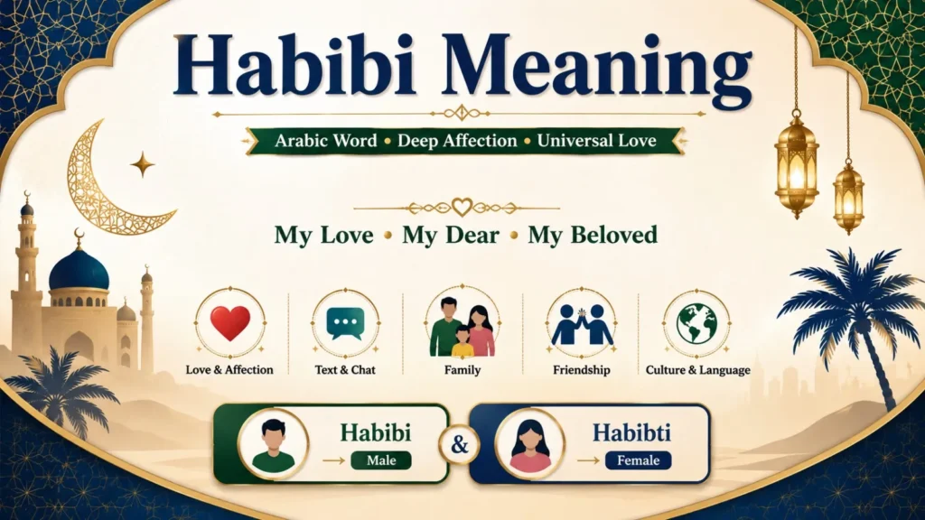 Habibi meaning infographic showing the Arabic word حبيبي, its English meaning "my love," the difference between Habibi and Habibti, pronunciation, and common uses in text, relationships, and everyday conversation.