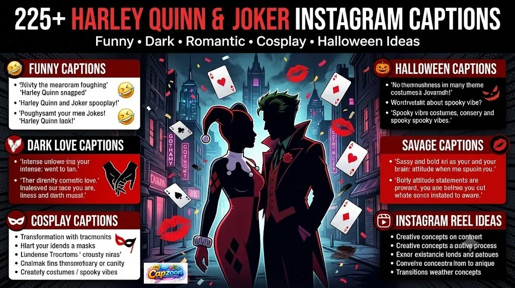 225+ Harley Quinn and Joker Instagram captions infographic featuring funny, dark, romantic, cosplay, and Halloween caption ideas for Instagram posts.