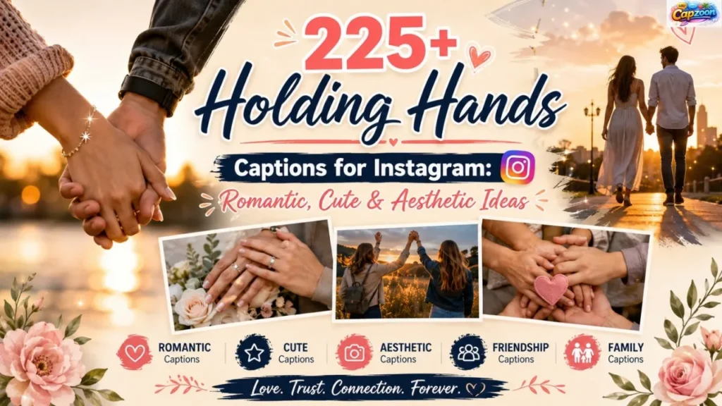 225+ holding hands captions for Instagram featuring romantic, cute, funny, and aesthetic ideas for couples, weddings, friends, and family moments.