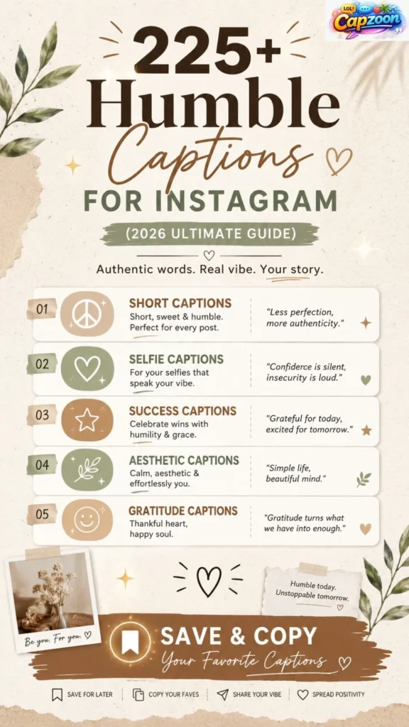 Infographic showing 225+ humble captions for Instagram including short, aesthetic, selfie, and success captions for 2026 social media posts.