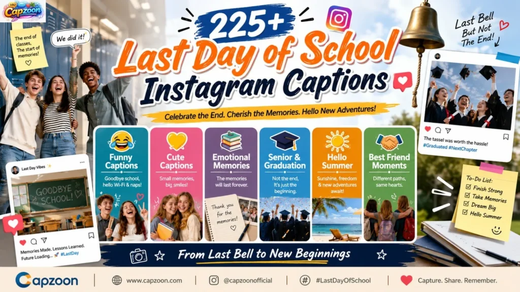 225+ Instagram captions for last day of school featuring funny, cute, emotional, senior, graduation, and summer break caption ideas for students.
