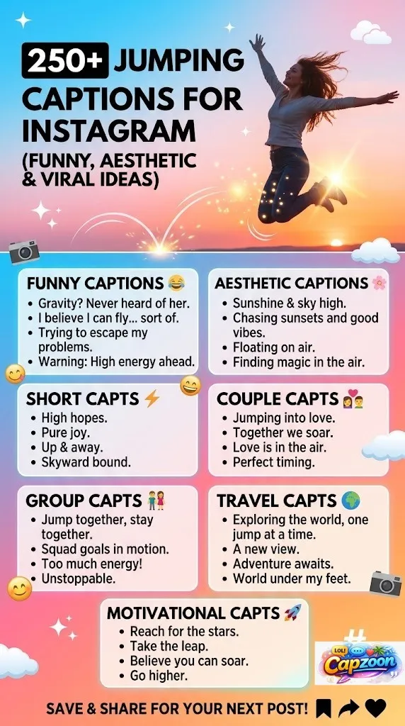 Vertical infographic showing 250+ jumping captions for Instagram, including funny, aesthetic, romantic, group, travel, and motivational caption ideas with a vibrant social media design.