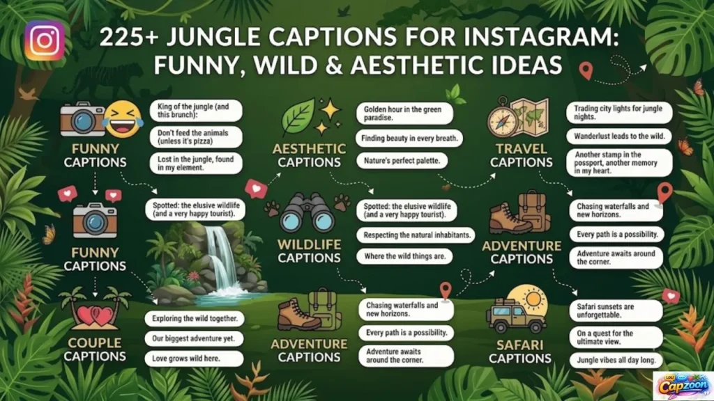 225+ jungle captions for Instagram infographic featuring funny, aesthetic, safari, travel, and wildlife caption ideas.