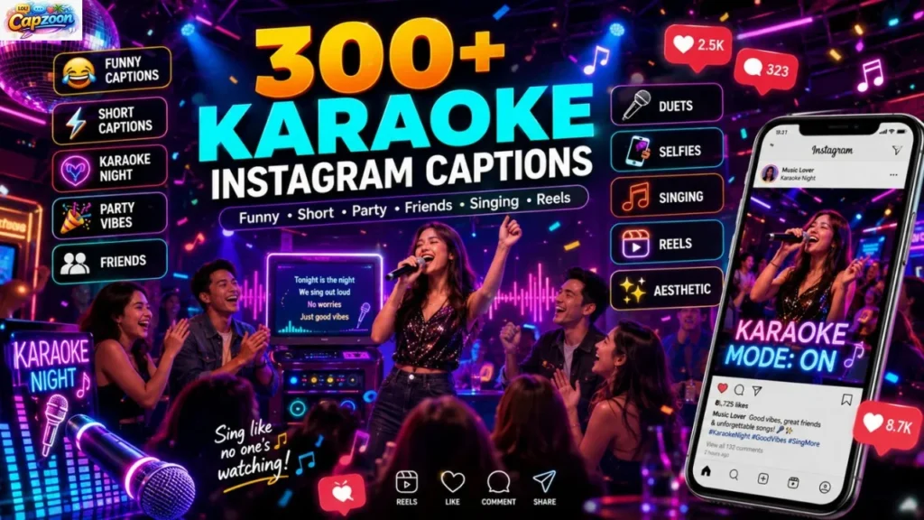 300+ Karaoke Instagram Captions infographic featuring friends singing on a neon-lit karaoke stage with microphones, Instagram icons, music notes, and party vibes.