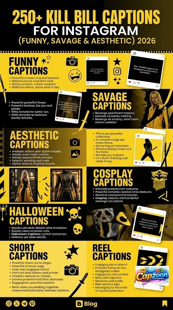 Kill Bill captions for Instagram infographic with 250+ funny, savage, aesthetic, cosplay, and Halloween caption ideas in a cinematic yellow and black design.