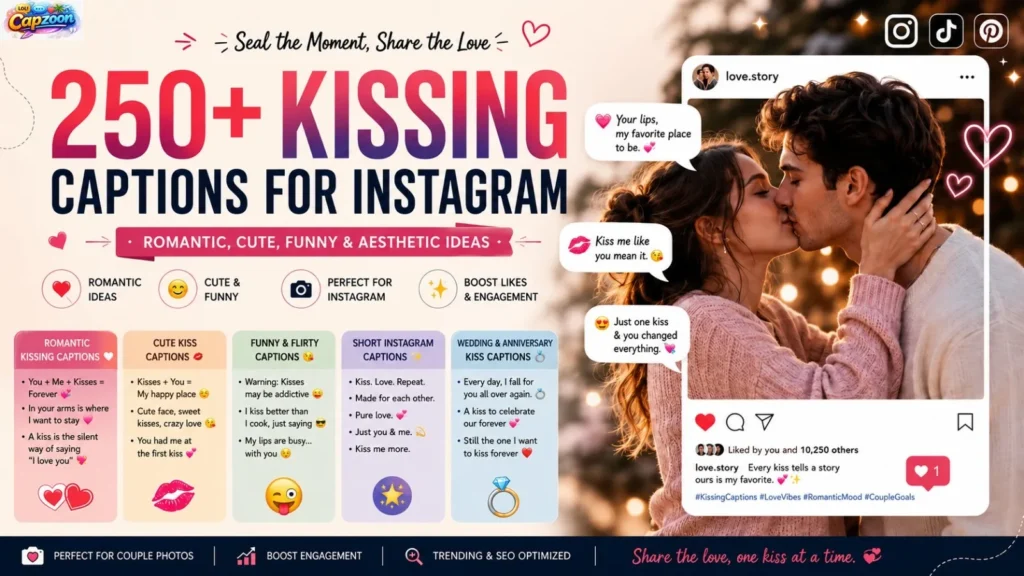 250+ kissing captions for Instagram infographic featuring romantic, cute, funny, and aesthetic kiss caption ideas for couples.