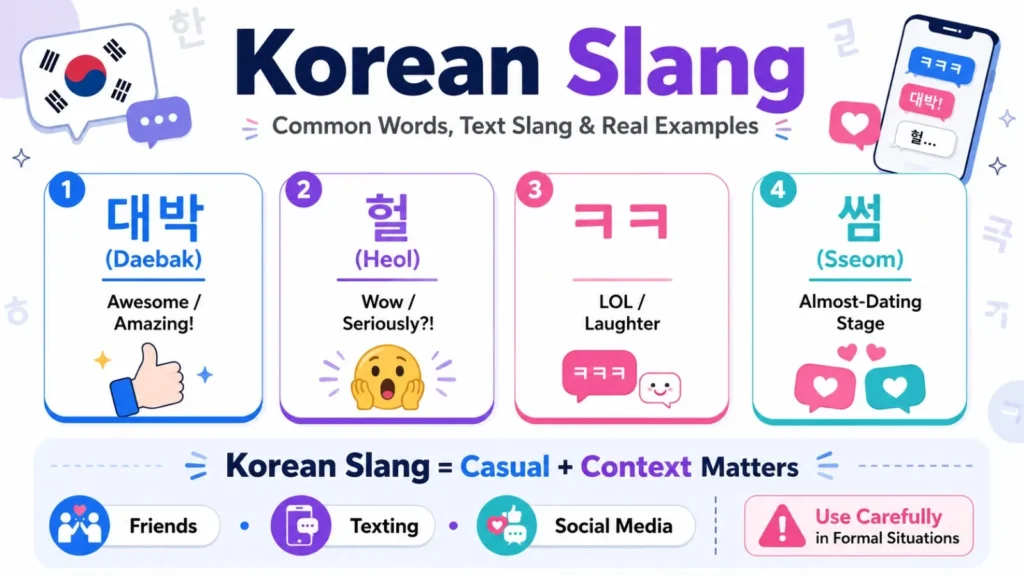 Korean slang meaning infographic showing common Korean slang words, text slang, meanings, and usage tips.
