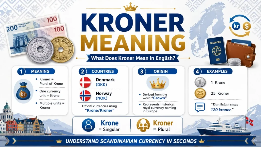 Kroner meaning infographic explaining that kroner is the plural of krone, the official currency of Denmark and Norway, with examples, origin, and usage in English.