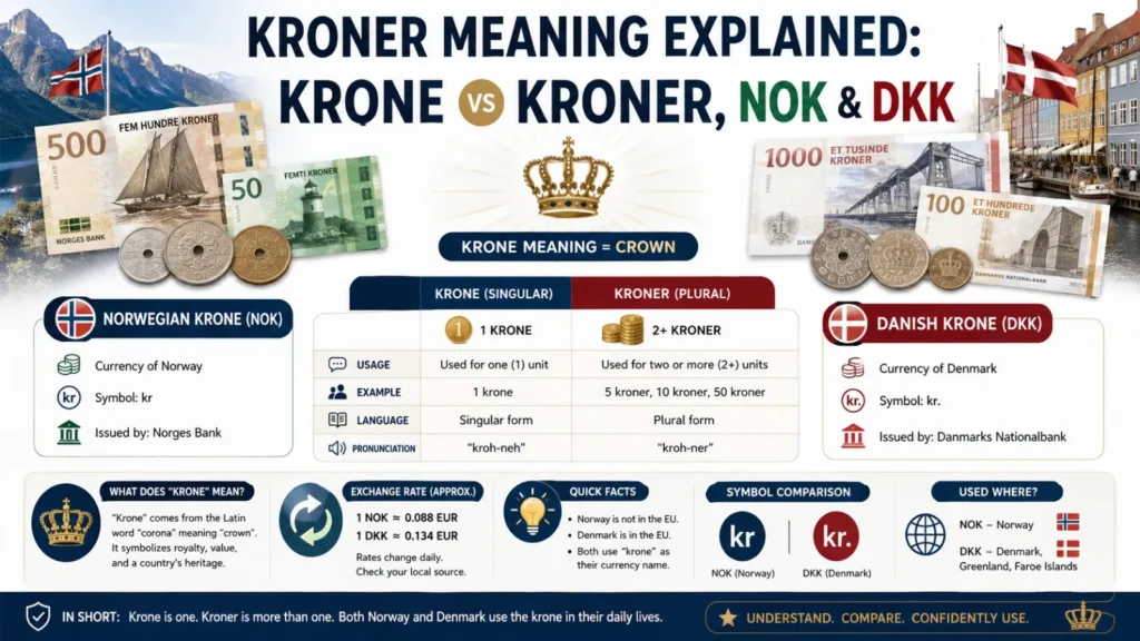 Kroner meaning infographic explaining krone vs kroner, Norwegian krone NOK, Danish krone DKK, and the origin of the currency name.