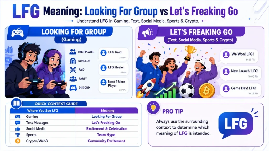 LFG meaning infographic explaining the difference between Looking For Group in gaming and Let's Freaking Go in text, social media, sports, and crypto with examples.