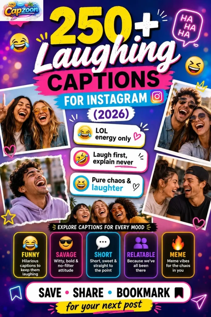 Instagram infographic featuring 250+ laughing captions for Instagram 2026, including funny, savage, short, and relatable caption ideas designed for viral social media posts.