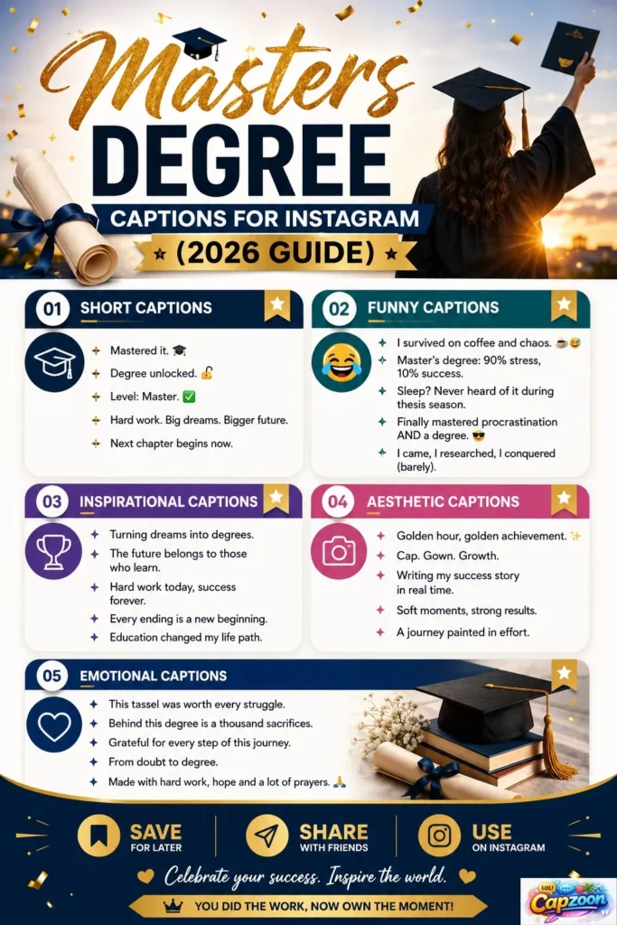 Infographic showing 225+ Masters Degree Captions for Instagram 2026, including funny, short, aesthetic, and inspirational graduation captions for social media posts.