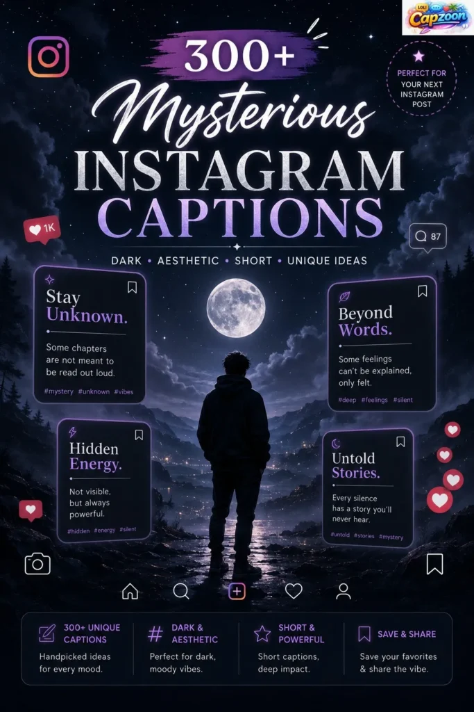 Mysterious Instagram captions infographic featuring dark aesthetic, short, unique, and deep caption ideas for Instagram posts.