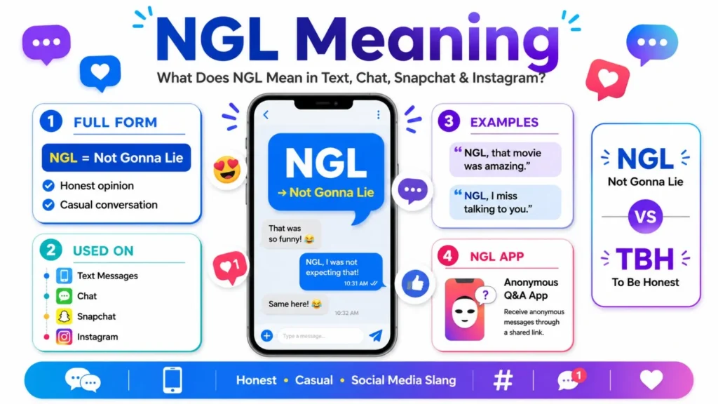 NGL Meaning infographic explaining Not Gonna Lie in text messages, chat, Snapchat, Instagram, examples, and the NGL anonymous Q&A app.