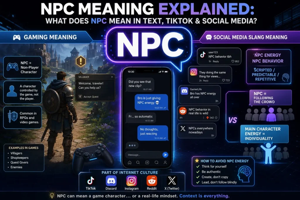 NPC Meaning Explained: What NPC Means in Gaming, Text, TikTok, and Social Media Slang.