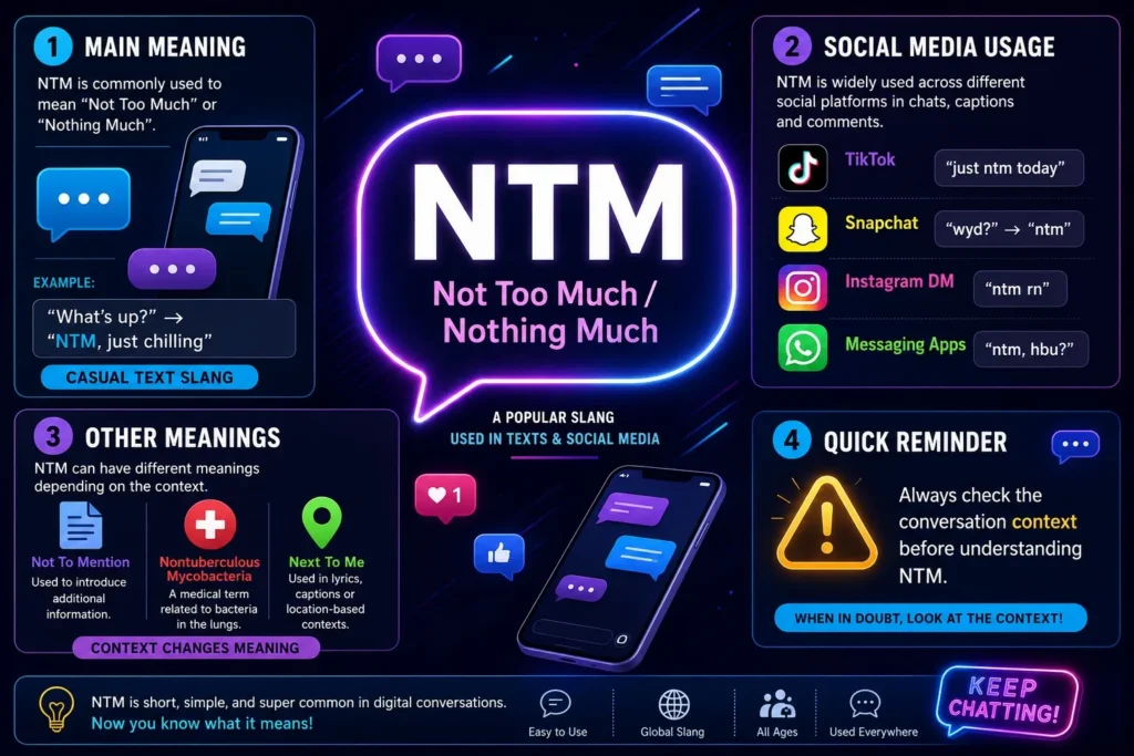 NTM Meaning Slang infographic explaining what NTM means in text, TikTok, Snapchat, and social media with examples and alternate meanings.