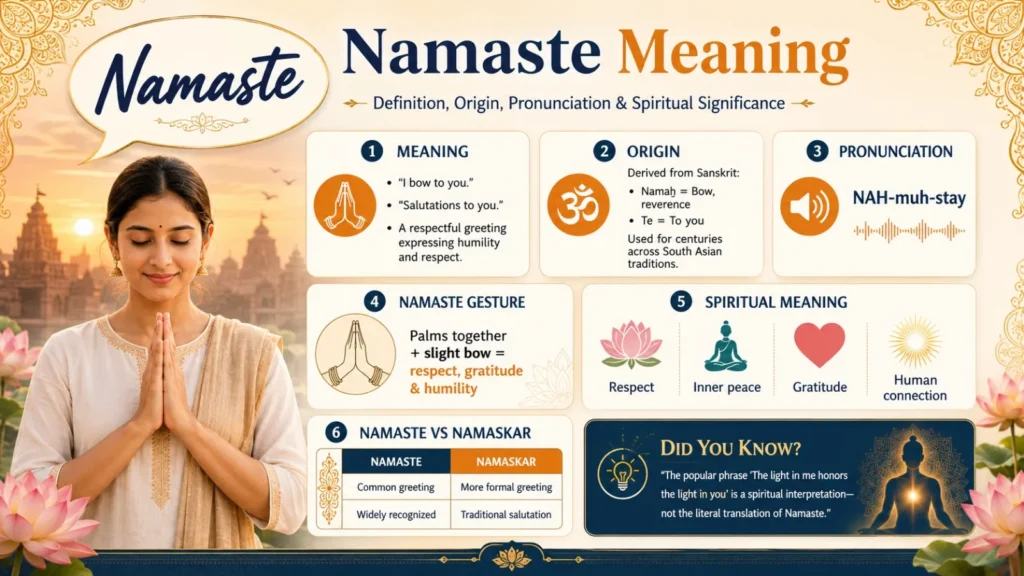 Namaste Meaning infographic showing the Sanskrit definition, English meaning, pronunciation, Anjali Mudra gesture, spiritual significance, and Namaste vs Namaskar comparison.