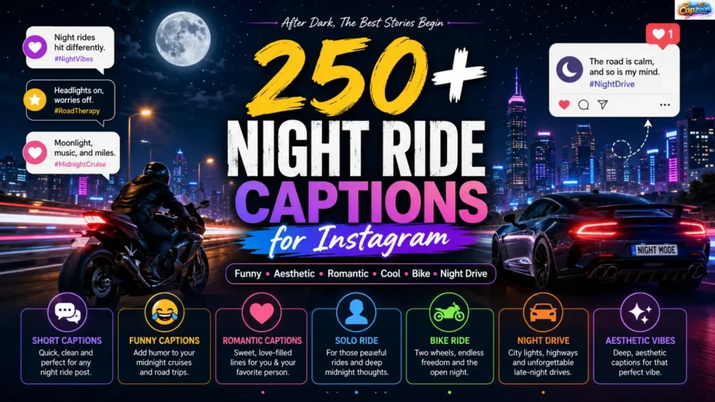 Night ride captions for Instagram infographic featuring a moonlit highway, sports car, motorcycle, city lights, and caption categories for night drives and bike rides.