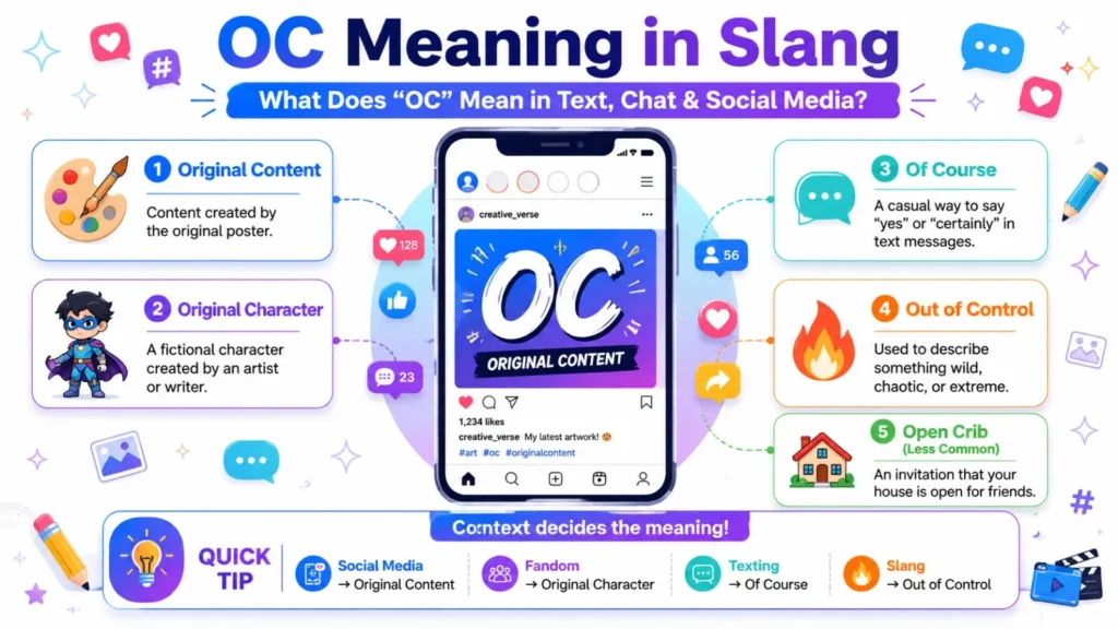 OC Meaning in Slang infographic showing Original Content, Original Character, Of Course, Out of Control, and Open Crib meanings used in text messages, social media, and fandom communities.