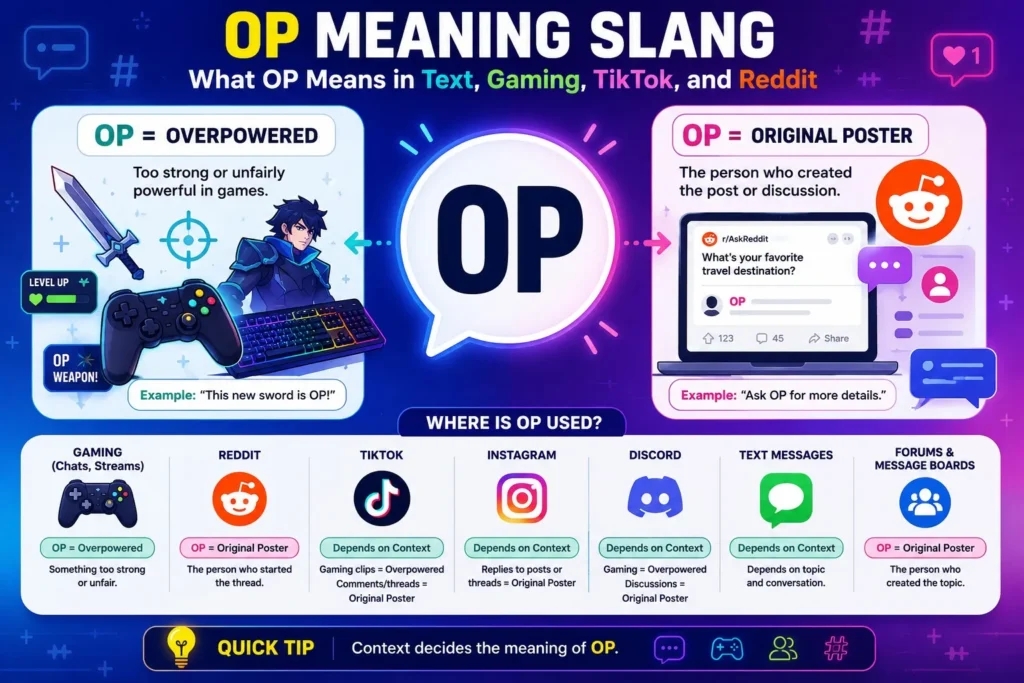 Infographic explaining OP meaning in slang, showing OP as Overpowered in gaming and Original Poster on Reddit, forums, text messages, and social media.