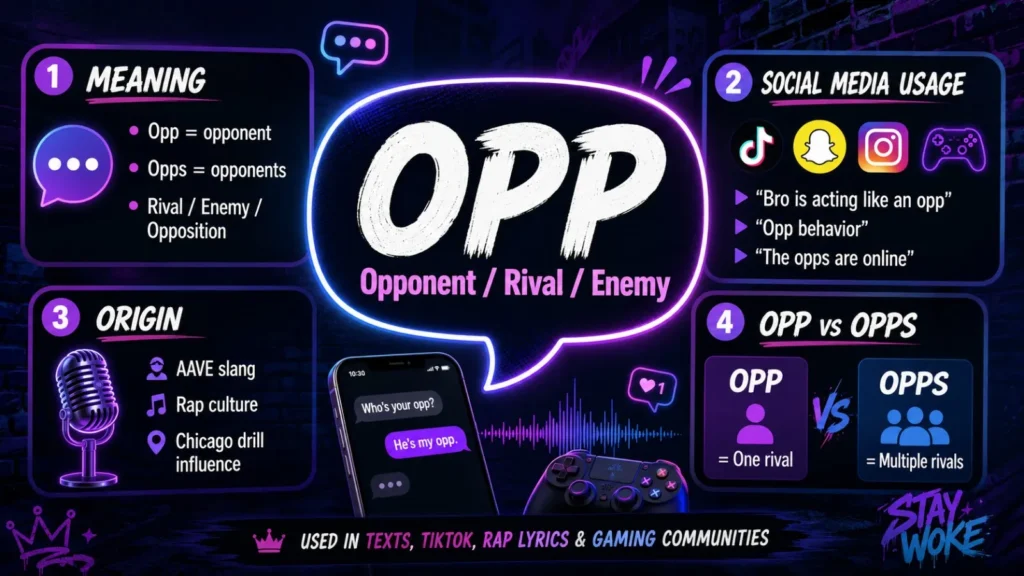 OPP meaning slang infographic explaining what opp means in text, TikTok, Snapchat, gaming, and rap culture.