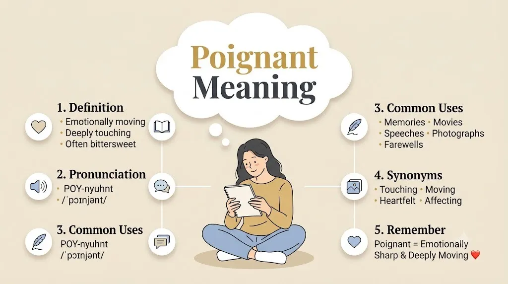 Poignant meaning infographic explaining the definition, pronunciation, examples, synonyms, and emotional usage of the word poignant in simple English.