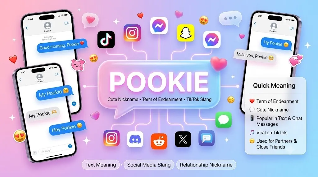 Pookie Meaning infographic showing the definition of Pookie as a cute term of endearment used in text messages, TikTok, social media, and everyday conversations.