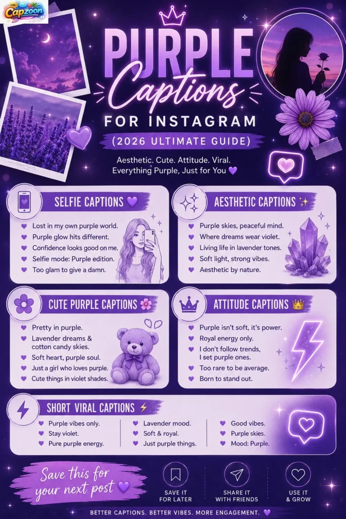 Purple captions for Instagram infographic showing aesthetic, cute, attitude, and short viral purple-themed captions in a modern violet and lavender design for social media inspiration.