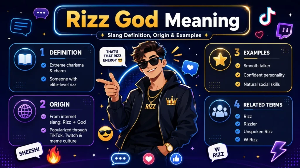 Rizz God meaning infographic explaining the slang definition, origin, examples, and related terms like rizz, rizzler, and unspoken rizz.