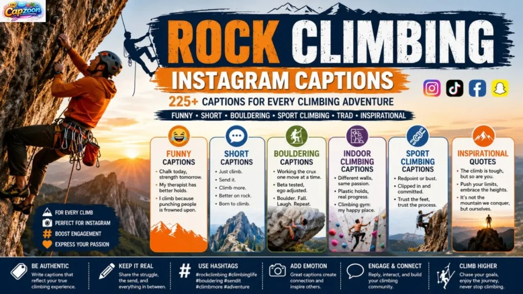Rock climber scaling a cliff at sunrise with infographic sections featuring rock climbing Instagram captions, bouldering captions, sport climbing captions, and climbing quote ideas.