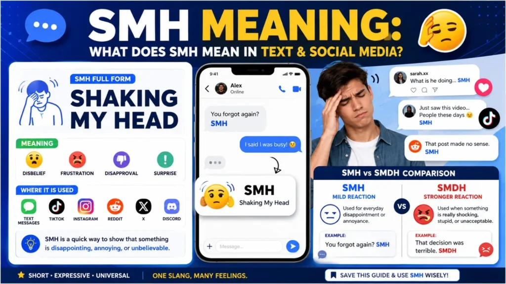 SMH meaning infographic explaining shaking my head slang, text usage, social media examples, and SMH vs SMDH difference.