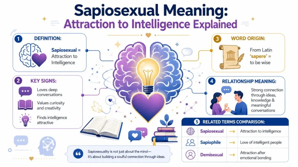 Sapiosexual meaning infographic explaining attraction to intelligence, signs, origin, relationship impact, and related terms.