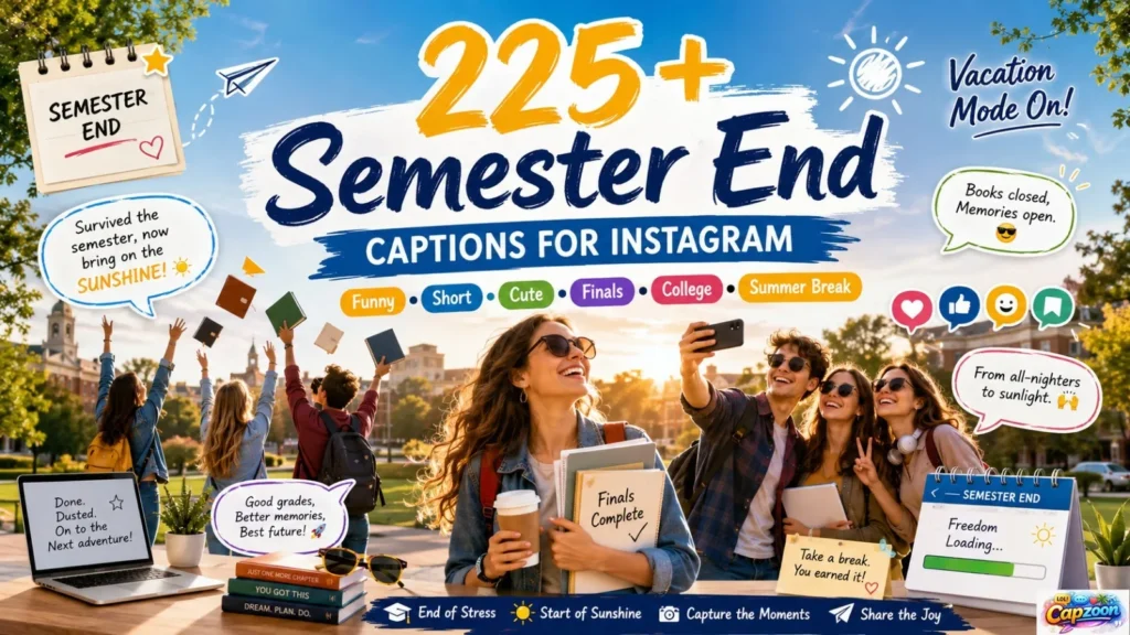 Semester end captions for Instagram infographic featuring college students celebrating finals, campus memories, graduation vibes, and summer break ideas.