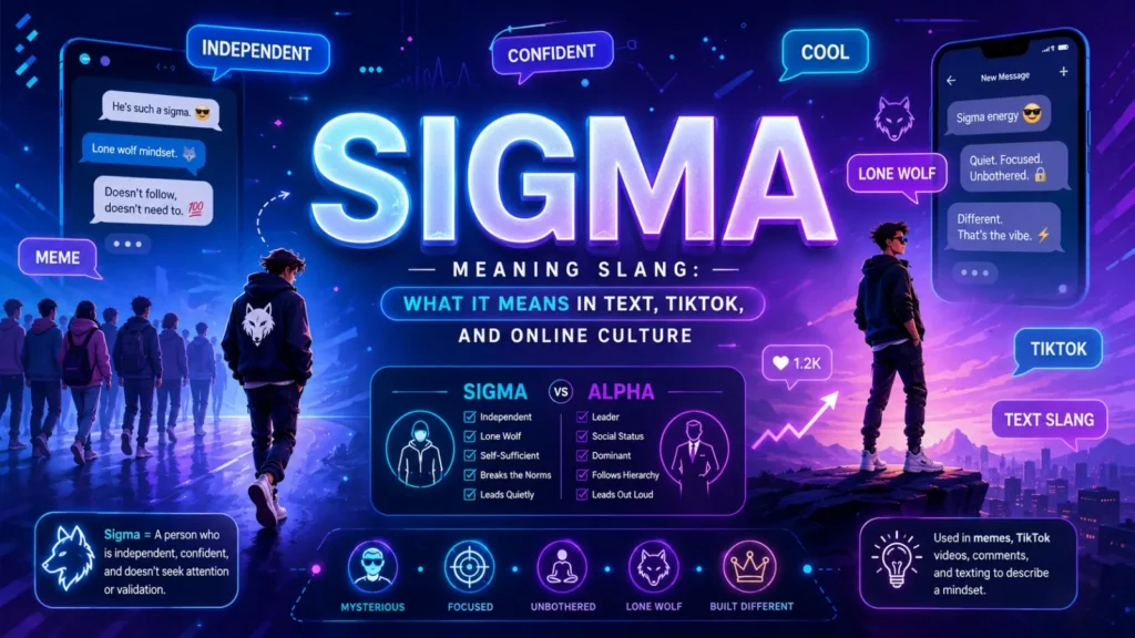 Sigma meaning slang infographic explaining what Sigma means in text messages, TikTok, Gen Alpha slang, memes, and online culture with Sigma vs Alpha comparison.