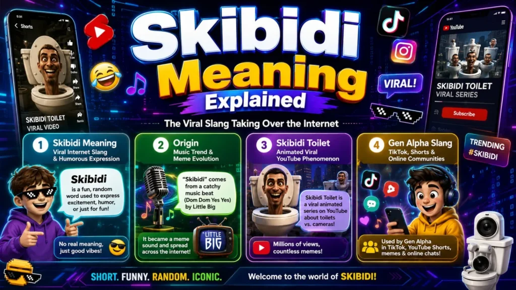 Skibidi Meaning Explained infographic showing the origin, Skibidi Toilet connection, Gen Alpha slang usage, and viral internet culture impact.