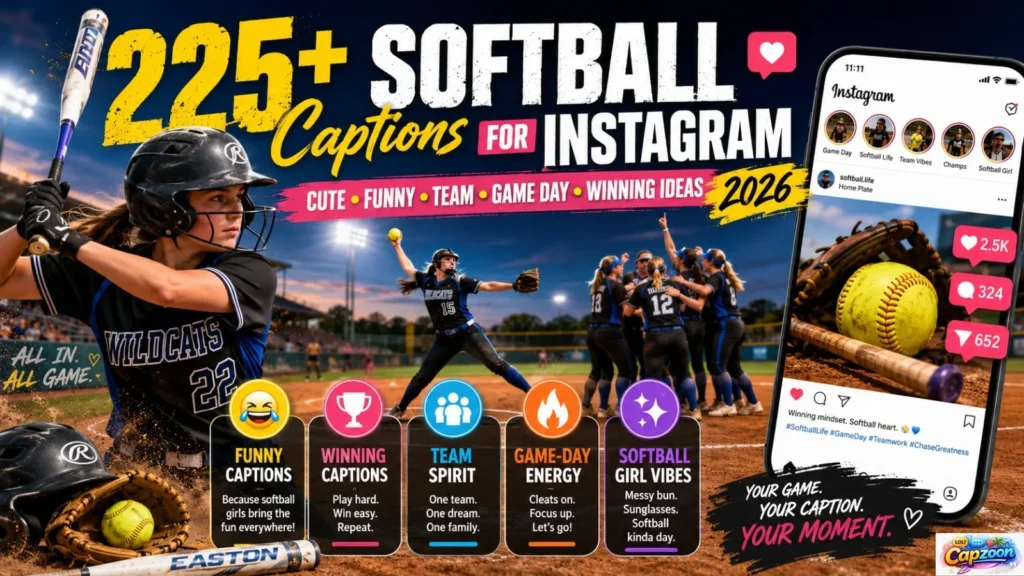 225+ Softball Captions for Instagram featuring cute, funny, team, game-day, and winning caption ideas for softball players and fans.