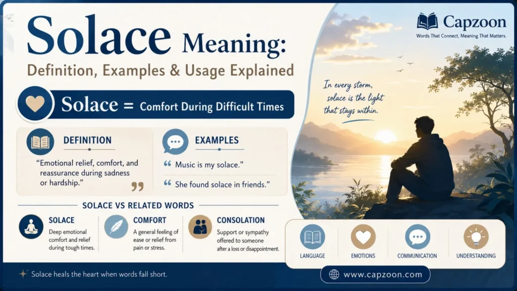 Solace meaning explained with definition, examples, and difference between comfort and consolation.