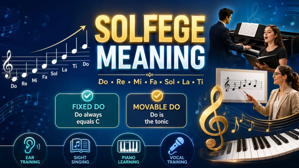 Solfege meaning infographic showing Do Re Mi music syllables, fixed do vs movable do, and how solfege helps with ear training and sight-singing.