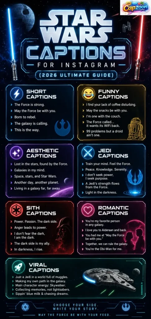 Star Wars captions for Instagram infographic featuring funny, aesthetic, Jedi, Sith, romantic, and viral caption ideas in a modern galaxy-themed design for 2026 social media posts.