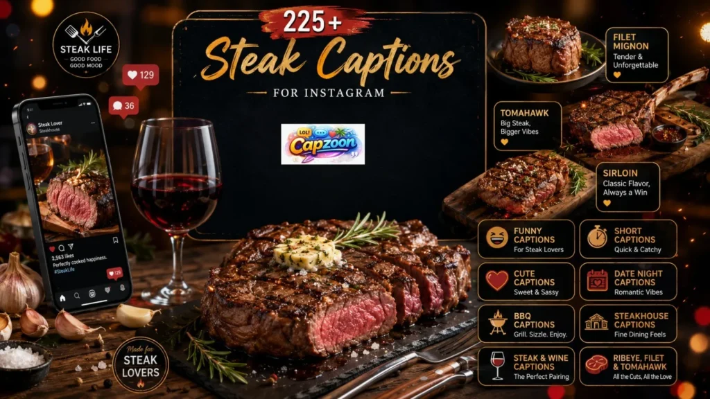 225+ steak captions for Instagram infographic featuring grilled ribeye, filet mignon, tomahawk steak, BBQ, steakhouse dinner, and steak & wine caption ideas.