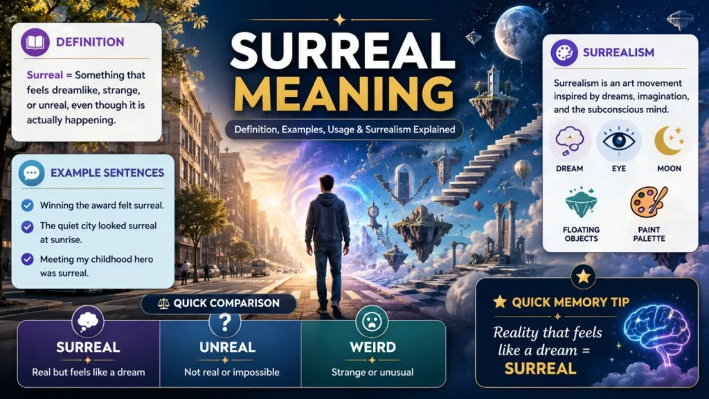 Surreal Meaning infographic explaining the definition of surreal, example sentences, differences between surreal, unreal, and weird, and an introduction to Surrealism with dreamlike illustrations.