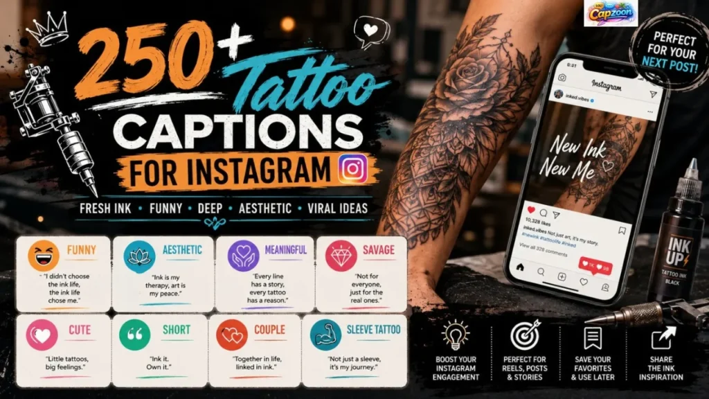 Tattoo captions for Instagram infographic featuring 250+ fresh ink ideas, funny, meaningful, aesthetic, and viral tattoo caption categories.