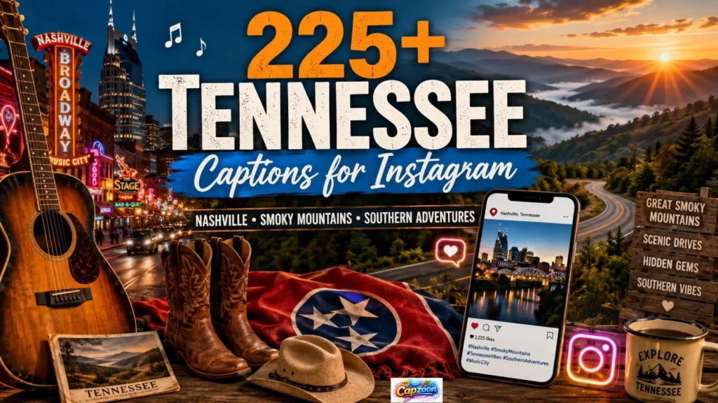 Tennessee captions for Instagram featuring Nashville skyline, Broadway lights, Great Smoky Mountains, country music, and Southern travel vibes.