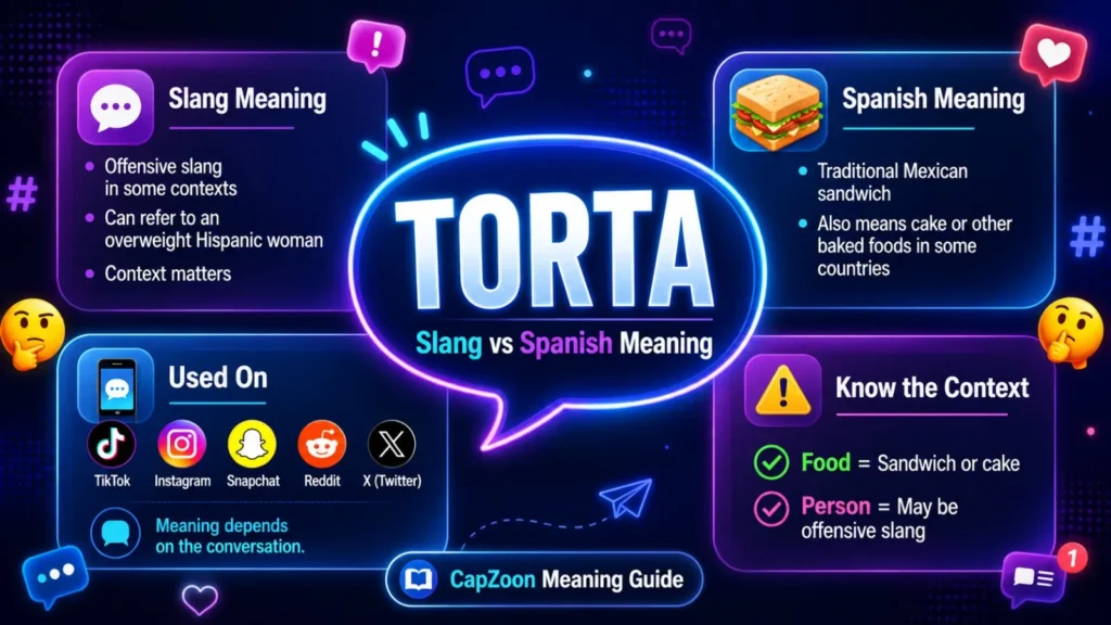 Torta Meaning Slang infographic explaining the offensive slang meaning, Spanish definition, Mexican sandwich meaning, and social media usage in text conversations.