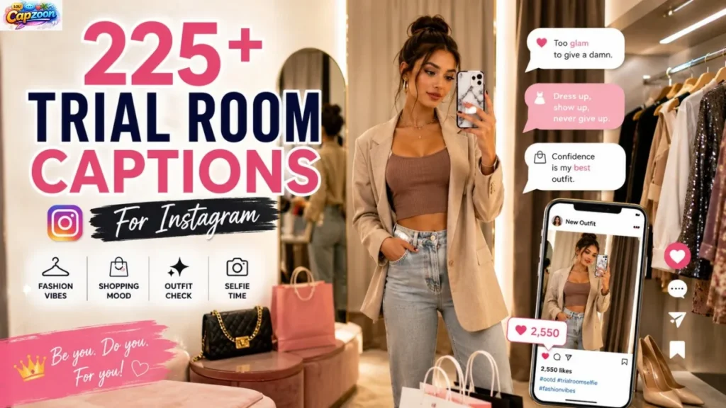 Luxury trial room mirror selfie with stylish outfit and Instagram caption ideas for fashion posts.