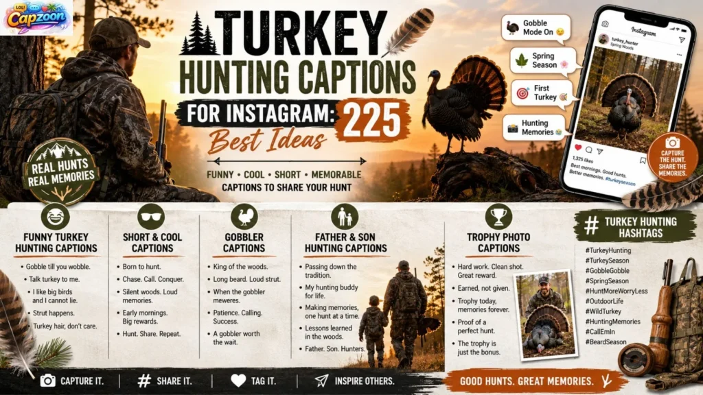 Turkey hunting captions for an Instagram infographic featuring funny, short, spring-season, gobbler, trophy photo, and hunting buddy caption ideas.