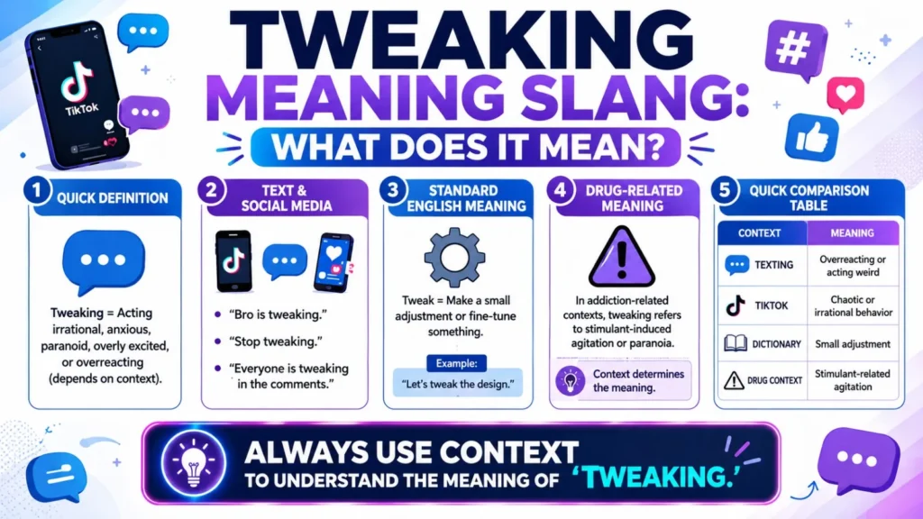Tweaking meaning slang infographic explaining its definition in text messages, TikTok, social media, standard English, and drug-related contexts with examples and comparison table.
