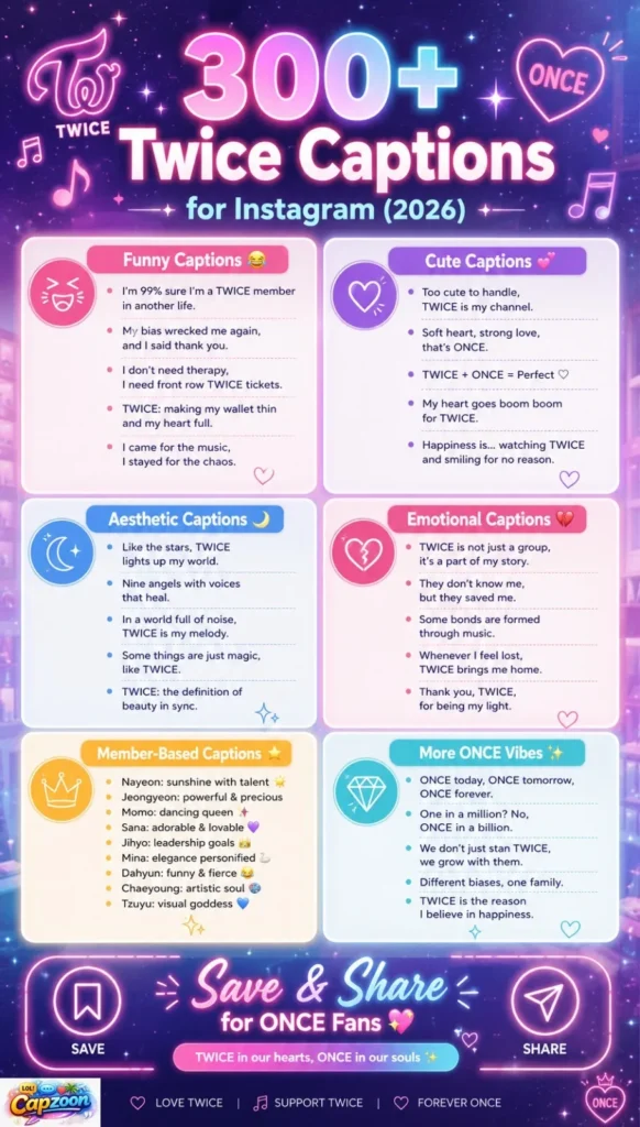Infographic showing 300+ Twice captions for Instagram (2026), including funny, cute, aesthetic, emotional, and member-based captions designed for K-pop fans and ONCE community posts.