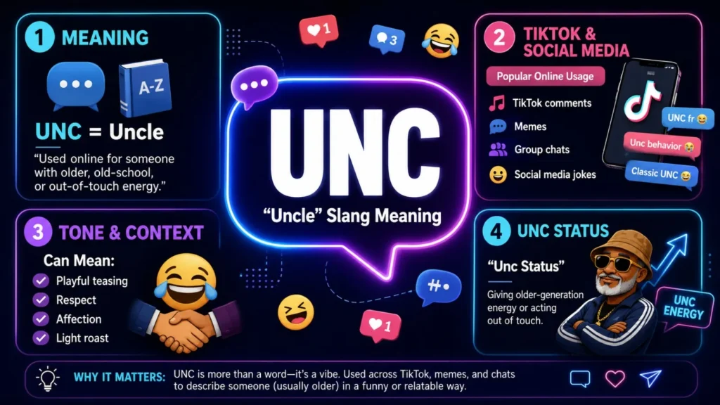 UNC meaning slang infographic explaining what unc means in text, TikTok, and social media, including uncle slang meaning, unc status, and online usage.