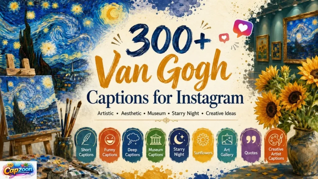 300+ Van Gogh captions for Instagram infographic featuring artistic, aesthetic, Starry Night, Sunflowers, museum, and creative caption ideas inspired by Vincent van Gogh's art.